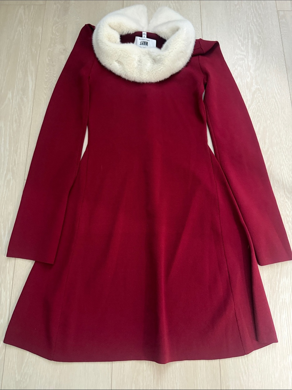Wayf Burgundy Long-Sleeve A-Line Dress with White Faux-Fur Collar - Picture 9 of 9
